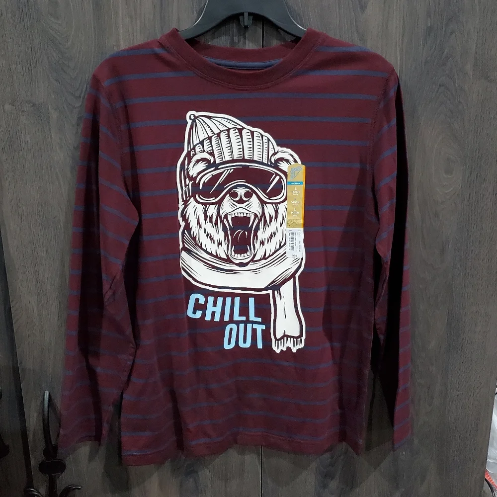 There Abouts Boys Graphic Long Sleeve T-SHIRT Size L 14/16 Husky Tee Burgundy